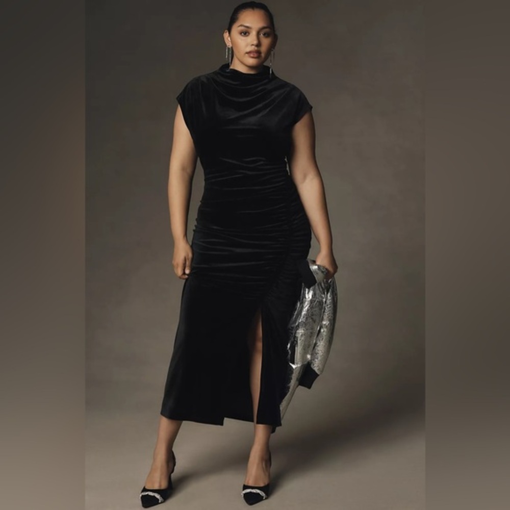 ANTHROPOLOGIE The Maya Stretch Velvet Cowl-Neck Midi Dress Black Size 3X